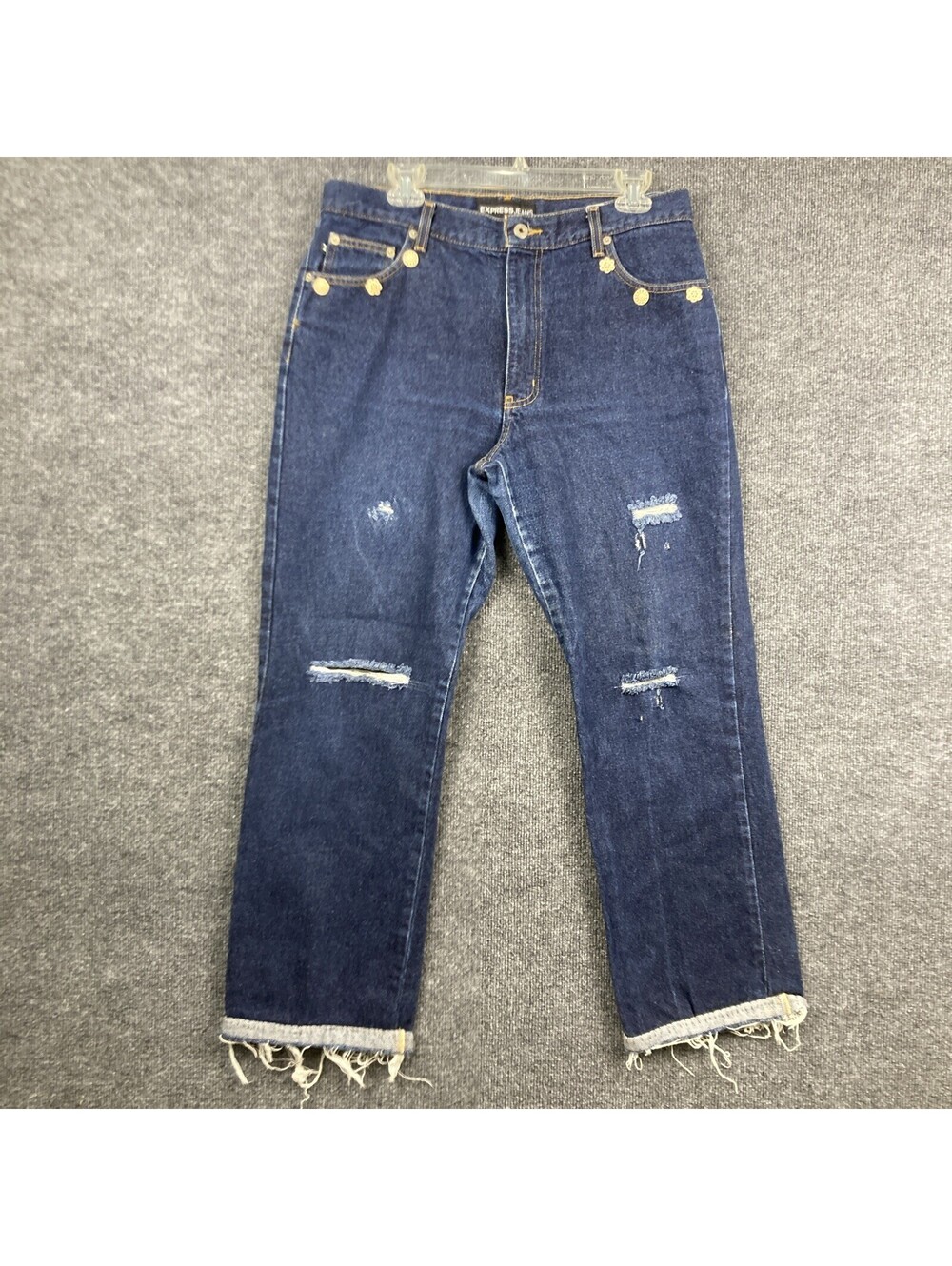 Vtg Express Womens 13/14 L Bootcut Distressed Button Pockets Raw Hem Jeans EUC